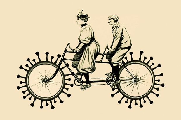 Woman and man on a tandem bike with coronavirus wheels Woman and man on a tandem bike with coronavirus wheels