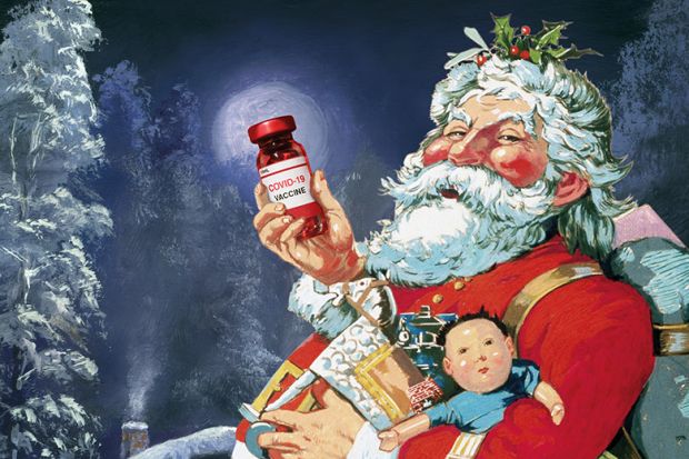 Illustration of Santa with Covid-19 vaccine Illustration of Santa with Covid-19 vaccine