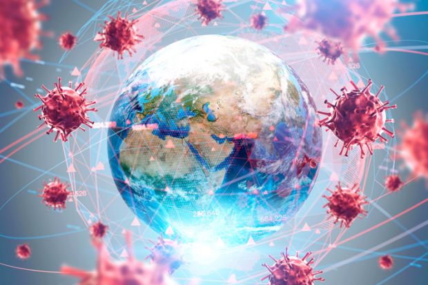 Covid molecules orbiting the globe