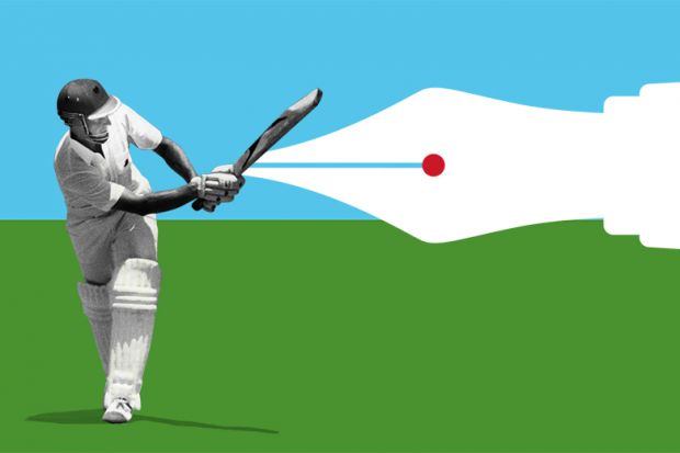 Cricket player taking a shot, with fountain pen, illustrating swinging your bat if bored by defensive academic writing conventions.