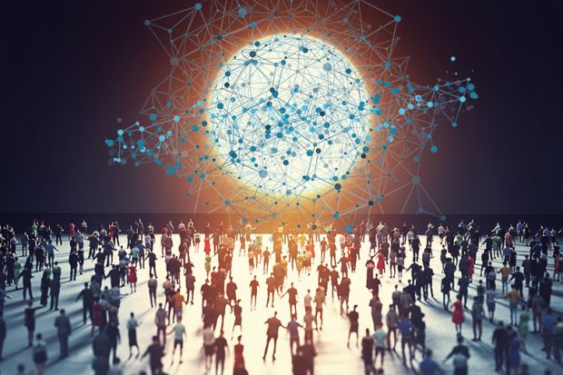 Crowd walking towards sun with data elements to illustrate more universities being involved in the rankings and new datasets Crowd walking towards sun with data elements to illustrate more universities being involved in the rankings and new datasets