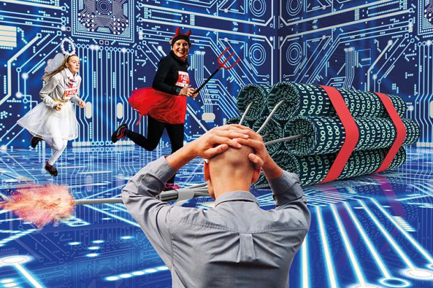 Man with his hands on his head, students in fancy dress and sticks of dynamite against a backdrop of circuitry Man with his hands on his head, students in fancy dress and sticks of dynamite against a backdrop of circuitry