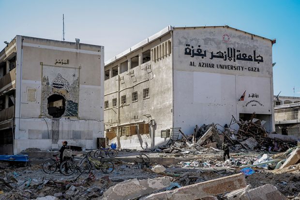 A picture taken on February 15, 2024 shows the heavily damaged building of Al-Azhar University in Gaza City, amid the continuing war between Israel and the Palestinian Hamas movement A picture taken on February 15, 2024 shows the heavily damaged building of Al-Azhar University in Gaza City, amid the continuing war between Israel and the Palestinian Hamas movement