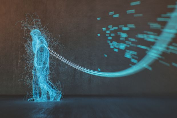 Digital people tethered by data strings Digital people tethered by data strings