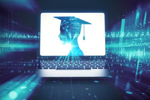 A computer with a mortarboard on the screen, symbolising teaching data