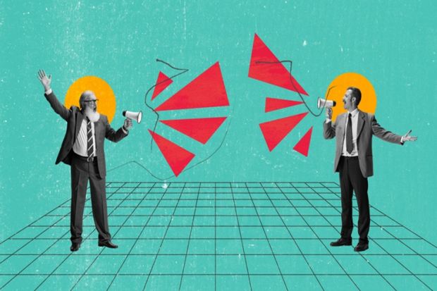 Two people shout at each other through megaphones