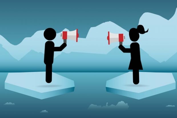 People shout at each other from difference icebergs People shout at each other from difference icebergs, symbolising methodological differences