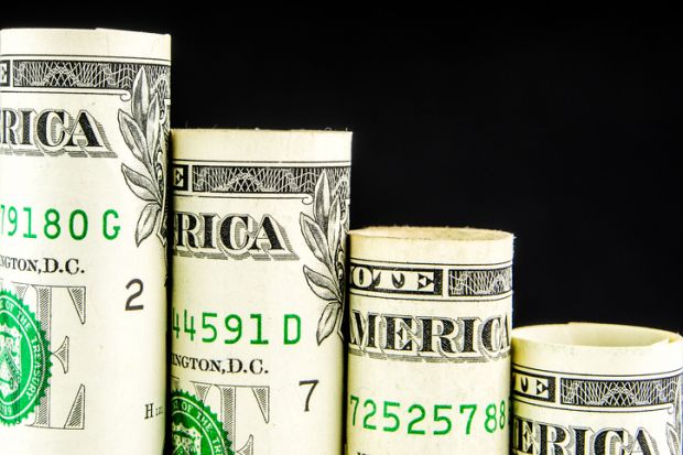 A bar chart of dollars, stepping down, illustrating declining funding for universities