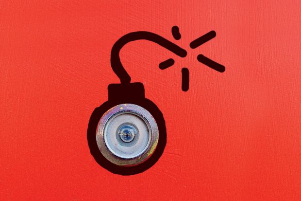 Door peephole painted as bomb ready to explode Door peephole painted as bomb ready to explode