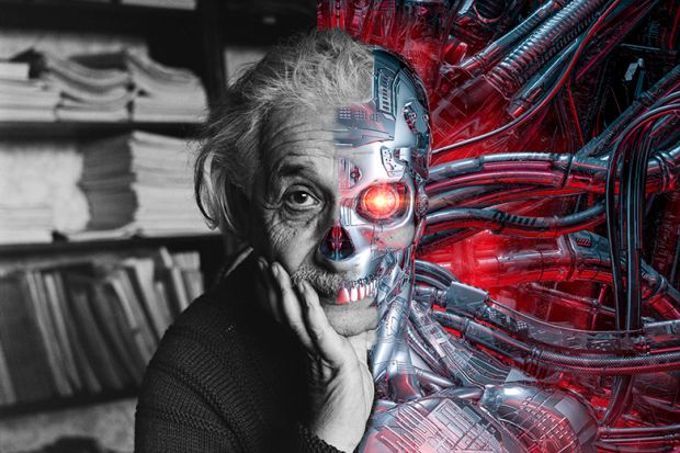 Montage of Albert Einstein with a cyborg, to illustrate Einstein AI.