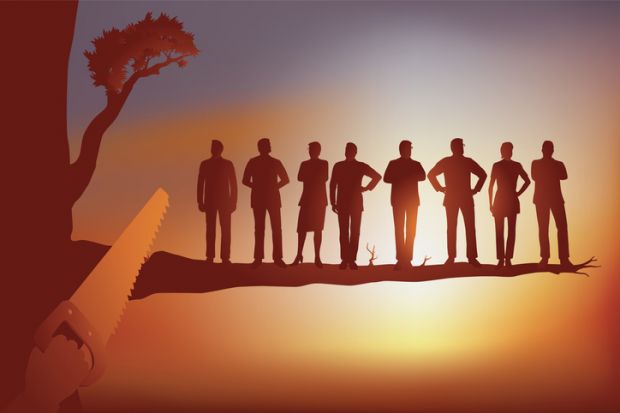 A saw cuts of a tree branch with people on it A saw cuts of a tree branch with people on it