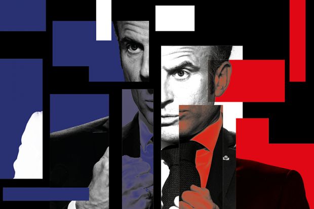 Emmanuel Macron, fragmented with colours of the French flag Emmanuel Macron, fragmented with colours of the French flag