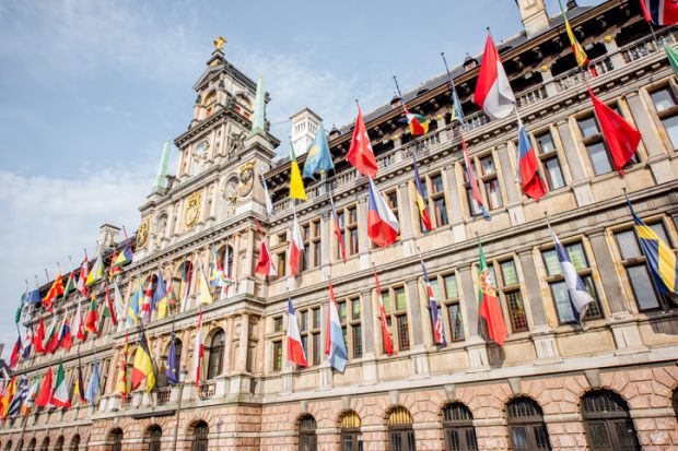 European flags on Antwerp town hall