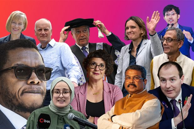 Montage of the faces of 2025: people who shaped higher education. L-R Jane Harrington, Mosa Moshabela, Paul Wiltshire, Rumeysa Ozturk, Bill Shorten, Laura Murphy, Shri Dharmendra Pradhan, Esther Duflo, Liang Wenfeng, Abhijit Banerjee and Ian Chapman.