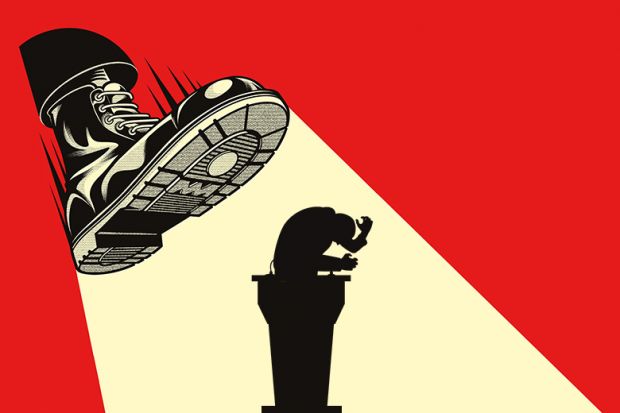 Far-right boot stomping on lecturer, to illustrate the fear that Europe’s universities could fall victim to populist assaults.