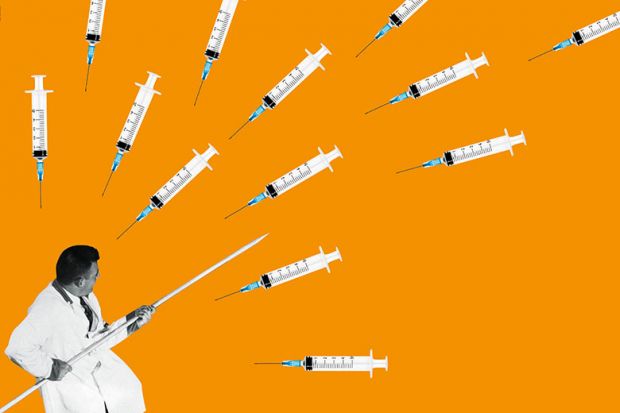 Scientist defending himself against flying syringes