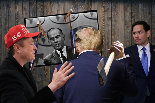 Photo montage showing Donald Trump throwing an axe at a picture of J. William Fulbright, being supported by Elon Musk with Marco Rubio looking on. To illustrate cuts to the Fulbright Program by Trump’s Department for Government Efficiency (Doge). Photo montage showing Donald Trump throwing an axe at a picture of J. William Fulbright, being supported by Elon Musk with Marco Rubio looking on. To illustrate cuts to the Fulbright Program by Trump’s Department for Government Efficiency (Doge).