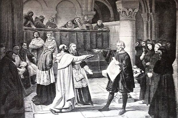 Galileo before the Inquisition, illustrating universities' mission of pursuing the truth