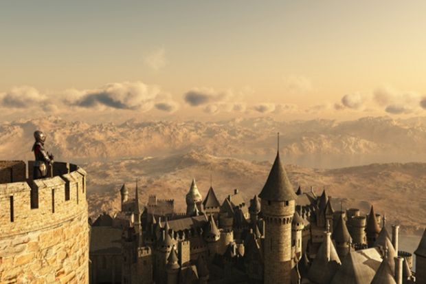 A medieval guard surveys a town from the battlements, symbolising academic gatekeeping