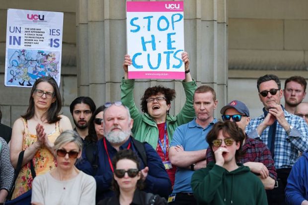Dundee university workers rally outside the Scottish Trade Union Congress at the Caird Hall on April 29, 2025