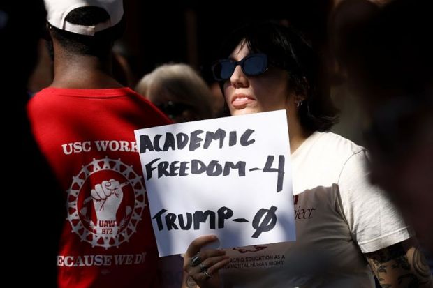 Graduate student Camila joins around a hundred USC academics who protest the Trump education compact that has been offered to the university 