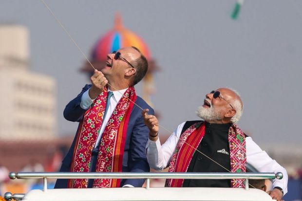 Indian Prime Minister Narendra Modi and German Chancellor Friedrich Merz fly kites Indian Prime Minister Narendra Modi and German Chancellor Friedrich Merz fly kites during the International Kite Festival
