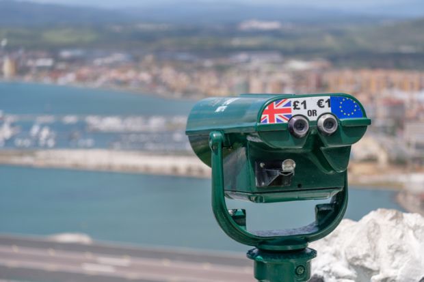 Gibraltar, Spain 12-May 2017 Telescope at a viewing spot on the Rock of Gibraltar in May 2017.