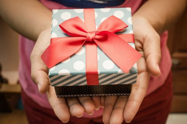 A pair of hands hold a wrapped gift gift illustrating endowments to US universities