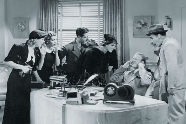 Group of people shouting at boss