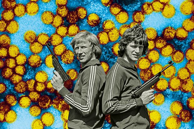 Vintage image of two men in tracksuits standing back to back holding guns Vintage image of two men in tracksuits standing back to back holding guns illustrating opinion about back-to-back publication