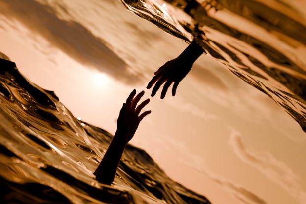 Two hands reach out of the water to each other, symbolising mutual support