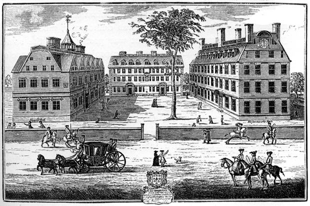 A prospect of the colledges (colleges) at Cambridge in New England, USA: Harvard Hall and Massachusetts Hall. American print, c 1739