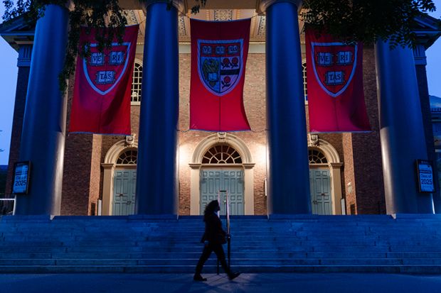 Banners hang from Memorial Church on the Harvard University campus in Cambridge, Massachusetts, US, on Tuesday, 27 May, 2025. President Donald Trump on Monday threatened to divert billions in grant dollars away from Harvard University.