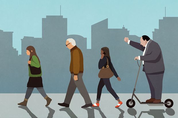 Illustration of a man on a scooter chasing others, to illustrate a head of department managing other academics. Illustration of a man on a scooter chasing others, to illustrate a head of department managing other academics.