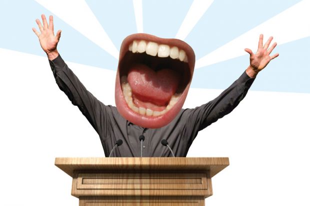 Huge mouth yelling from lecture podium Huge mouth yelling from lecture podium