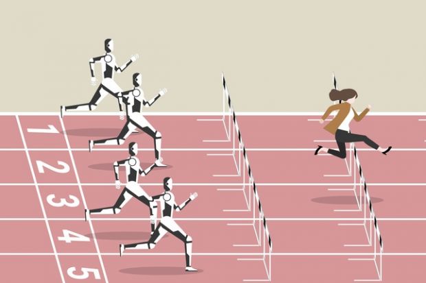 A human outpaces robots on a running track A human outpaces robots on a running track, illustrating that ChatGPT is not a threat