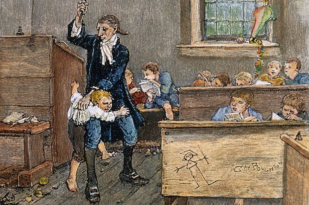 Late 19th century line engraving of 'The Legend of Sleepy Hollow' by Washington Irving Late 19th century line engraving of 'The Legend of Sleepy Hollow' by Washington Irving of child being hit in the classroom