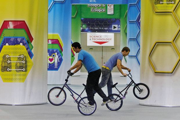 2 BMX riders at a science and technology exhibition in Dublin. To illustrate the merger of 2 funding agencies to form Research Ireland. 2 BMX riders at a science and technology exhibition in Dublin. To illustrate the merger of 2 funding agencies to form Research Ireland.