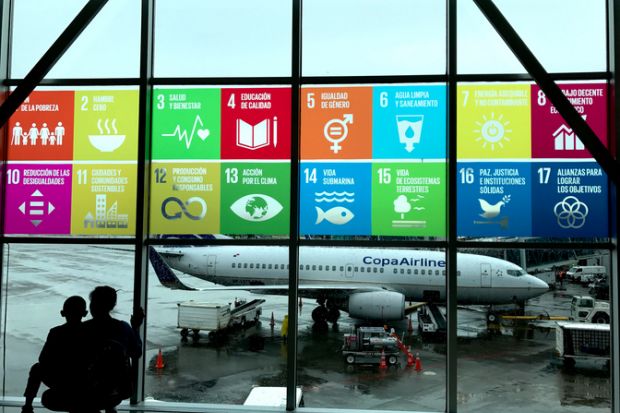 Global goals displayed in Spanish at the airport Global goals displayed in Spanish at the airport