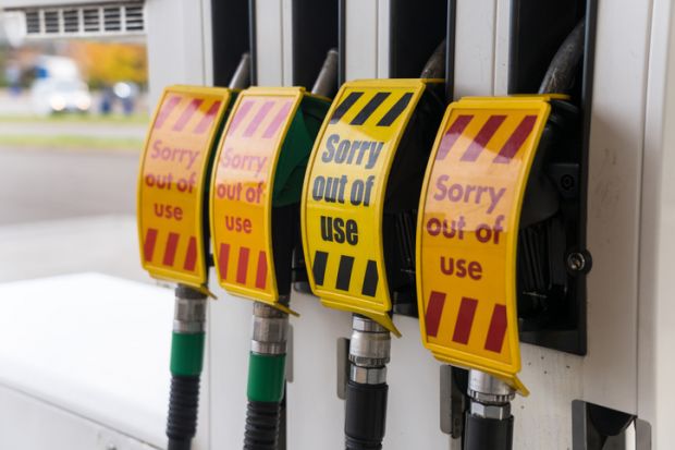 A group of petrol and diesel pumps out of use at a gas station, due to a fuel shortage.