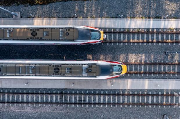 An aerial view of Hitach Azuma diesel electric fleet of high speed passenger trains at the LNER maintenance depot in Doncaster UK An aerial view of Hitach Azuma diesel electric fleet of high speed passenger trains at the LNER maintenance depot in Doncaster UK