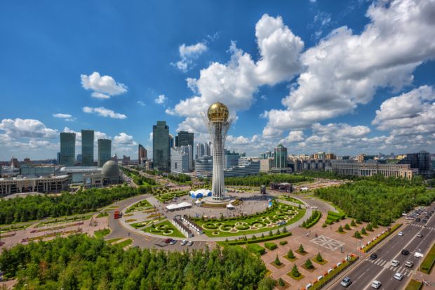 The central part of the capital of Kazakhstan - the city of Astana on a cloudy summer day.