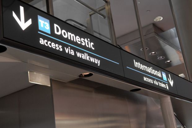 Airport sign pointing to domestic and international departures