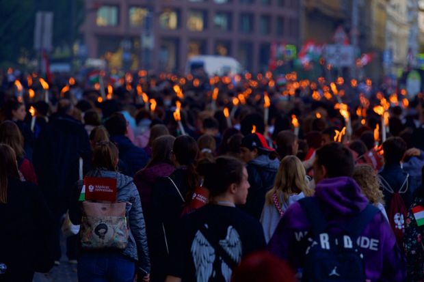 Crowd marching from Budapest University of Technology and Economics to the memorial park in honor of the Hungarian uprising against the USSR on October 23. Crowd marching from Budapest University of Technology and Economics to the memorial park in honor of the Hungarian uprising against the USSR on October 23.