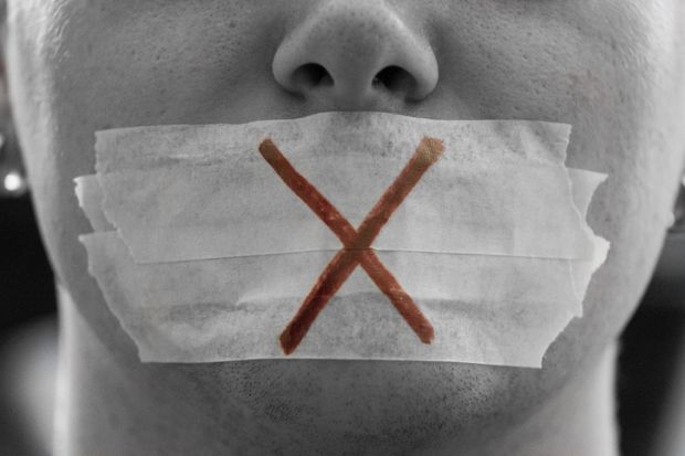 Person with tape with an ‘X’ over her mouth Free speech, censor, censorship, academic freedom of expression