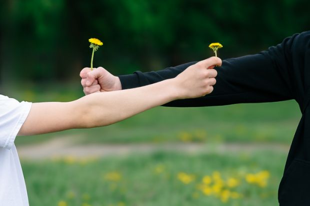 Two people exchanging dandelion flowers outdoors Two people exchanging dandelion flowers outdoors
