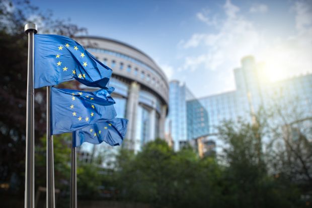 European Union flags in front of parliament building, Brussels, Belgium