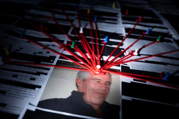 Photo illustration showing redacted documents from the Epstein Library files released by the US Department of Justice in Washington, DC, on 18 February, 2026