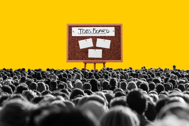 Crowd of people looking at a sparse jobs noticeboard, illustrating that the many university staff that have been made redundant will struggle to find another position. 