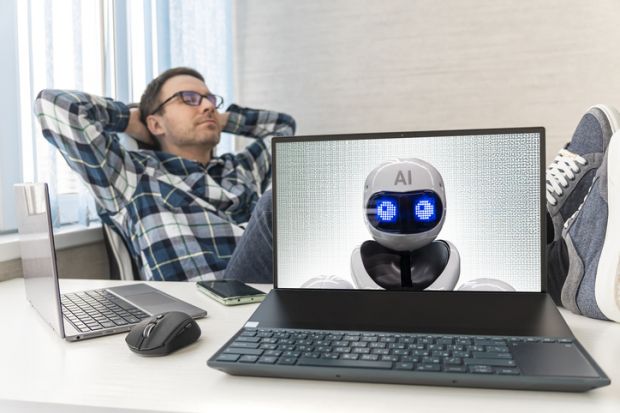 A human rest next to a computer with AI on its screen A human rest next to a computer with AI on its screen